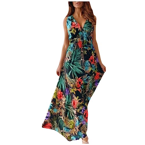 Kleider Damen Sommer Lang Strandkleid Damen Sommerkleid Maxikleid Boho Kleid V Ausschnitt Ärmelloses Bandeau Shirtkleid Satin Hawaii A Linie Kleid Shapewear Summer Dress for Women(Schwarz,XXL) von Generic