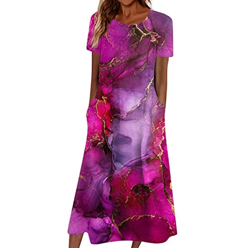 Kleider Damen Sommer Wadenlang Vintage Sommerkleid Damen Kurzarm mit Taschen Strandkleid Damen A Linie Elegant Damen Kleider Sommer Leicht Muster Luftige Sommerkleider Locker Rundhals von Generic