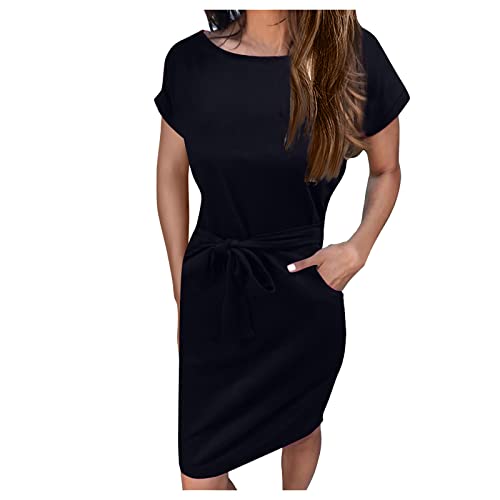 Kleider Damen Sommer leinenkleid Damen Sommer Kleid Damen lang Einfarbig Kurze Ärmel Rundhals Midikleid mit Tasche Bodycon Kleid mit Gürtel etuikleid Damen (Schwarz, S) von Generic