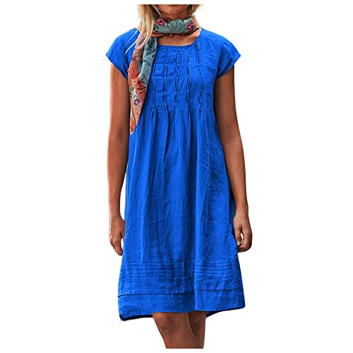 Kleider Damen Sommer wickelkleid Damen Business Kleid Damen Einfarbig Gefaltet Kurze Ärmel Rundhals Midikleid Bohemien Knielang Freizeitkleid Brautmutterkleider (Blau, XL) von Generic