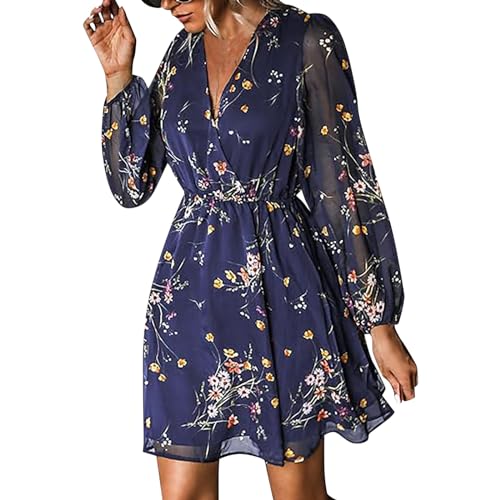 Kleider Damen V Ausschnitt Wickelkleid Damen Transparente Lange Ärmel Kleid Damen Wickeloptik Mode Chic Blumendruck Knielang Elegant Midikleid Casual Strandkleid Freizeitkleid von Generic