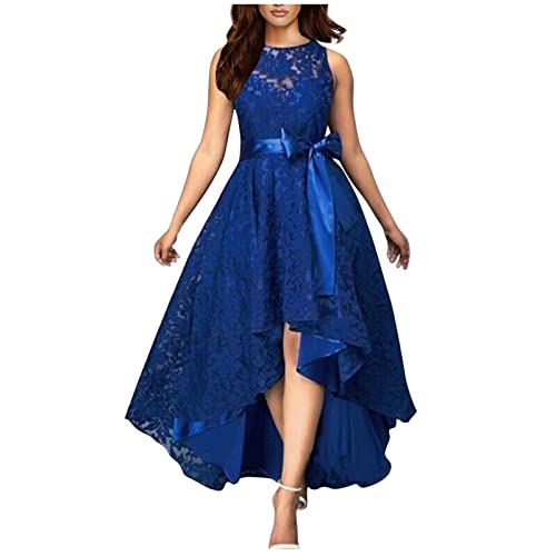 Kleider Damen festlich Kleid schwarz Damen Kleid 50er Jahre Einfarbig Spitze Patchwork Unregelmäßige Cocktailkleid Maxikleid mit Gürtel Slim Bodycon Kleid Lang Kleider umstandskleid Sommer (M, Blau) von Generic