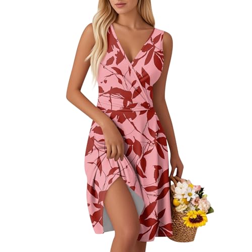 Kleider Hochzeitsgast Damen Sommerkleid Ärmellos Freizeit Kleid Blumenkleid mit V-Ausschnitt Casual Strandkleid Lose A-Linie Elegant Freizeitkleid für Urlaub B Vermilion L von Generic