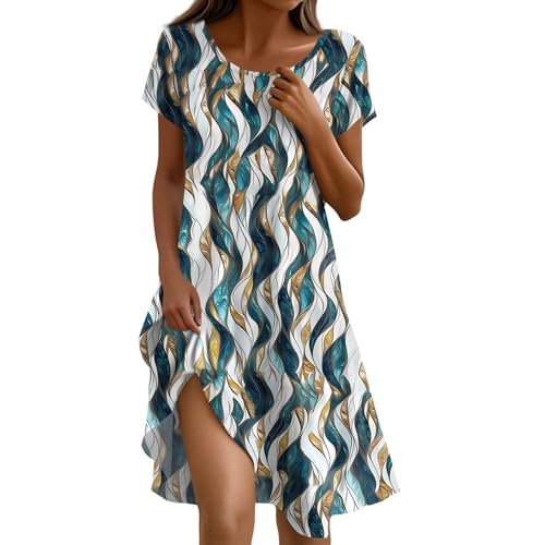 Kleider elegant Damen Sommerkleid Rundhals Kurzarm Blumendruck Boho-Kleid Leicht A-Linie Locker Tshirt Kleid Swing Elegant Freizeitkleid Strandkleid mit Taschen S-2XL A Dark Green XL von Generic