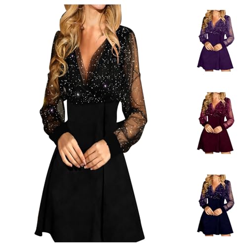 Kleider für Damen Langarm Netz Pulloverkleid Frauen V-Ausschnitt Freizeitkleid Hohe Taille A-Linie Elegant Kurzkleid von Generic
