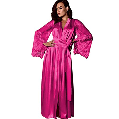 Kleider für Frauen Nachtwäsche Satin Seide Nachthemd Lang Sexy Nachtwäsche Robe Lingerie Spitze Nachthemd Damen Dessous Plus Size, hot pink, 48 von Generic