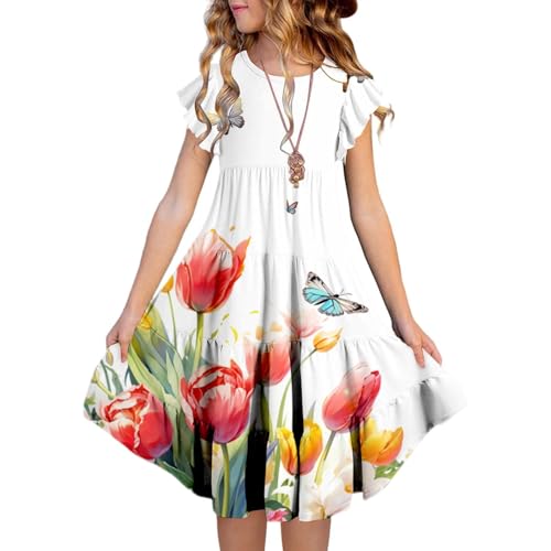 Kleider für Mädchen Rüschenärmel Mode Farbverlauf Sommerkleid Freizeitkleid mit Blumenprint A-Linie Mädchenkleider Festliches Kleid Mädchen Freizeitkleid Swingkleid Partykleider 6-15 Jahre von Generic