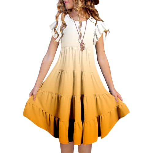 Kleider für Mädchen Rüschenärmel Mode Farbverlauf Sommerkleid Freizeitkleid mit Blumenprint A-Linie Mädchenkleider Festliches Kleid Mädchen Freizeitkleid Swingkleid Partykleider 6-15 Jahre von Generic