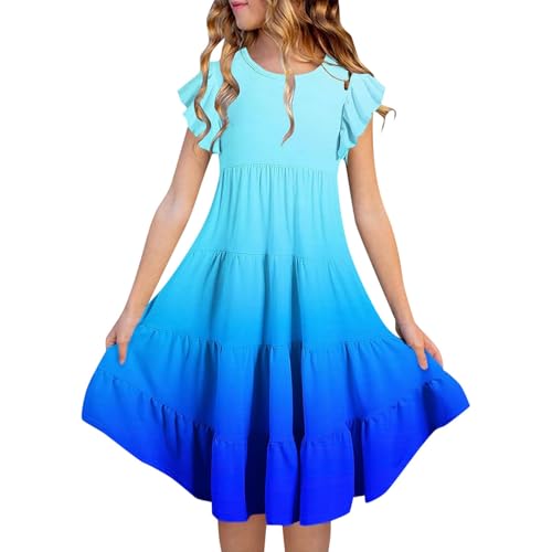 Kleider für Mädchen Sommer Kleid mit RüSchen Strandkleid Farbverlauf Leichte Sommerkleid Knielang Mädchenkleider Freizeitkleid für Kinder 6-15 Jahre von Generic