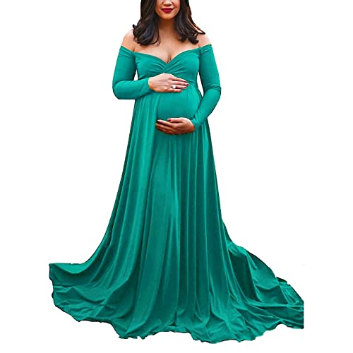 Kleider für Schwangere Umstandskleid für Fotoshooting Schulterfrei Langarm Schwangerschaftskleid Brautkleider Hochzeit Elegant Abendkleideshooting Kleid Schwangerschaft Umstandsmode (Green, L) von Generic