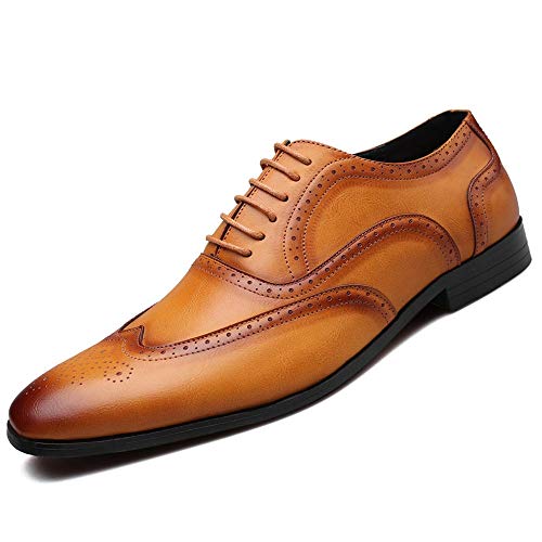 Oxford-Schuhe for Herren Mit Schnürung, Quadratischer Zehenpartie, Brünierter Zehenbereich, Brogue-Schuhe Mit Flügelspitze, Rutschfester Blockabsatz, Gummisohle(Yellow,48 EU) von Generic