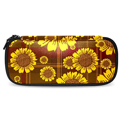 Kleine Kosmetiktasche, Elegante Make up Taschen, Reißverschlusstasche, Geschenke für Frauen, Reise wasserdichter Kulturbeutel Zubehör Organizer,Sonnenblumen Karikatur handgemaltes Kunst Brown Plaid von Generic