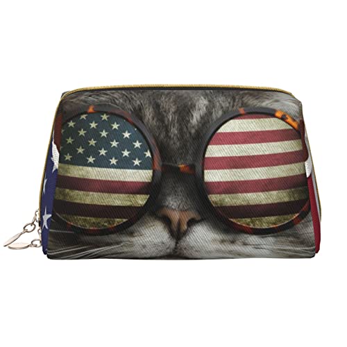 Kleine Make-up-Tasche, Kosmetiktasche, Katze hinter der USA-Flagge, tragbare Reise-Make-up-Tasche, niedliche vielseitige Reißverschlusstasche für Frauen und Mädchen, weiß, Einheitsgröße von Generic