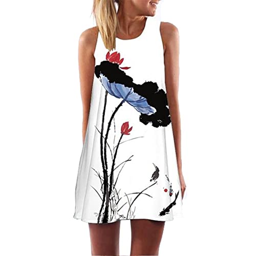 Kleine Schwarze Kleid Minikleid ärmellos Bedruckt 2022 bedrucktes kurzes rundes Frauenhals-Vintage-Damenkleid Strandkleider Knielang (White, M) von Generic