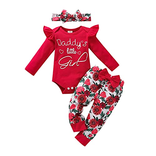 Kleinkind Baby Mädchen Kleidung Set Langarm Brief Drucken Strampler Tops Blumen Hosen Haarband Outfits Jogginganzug Mädchen 140 (Red, 0-3 Months) von Generic
