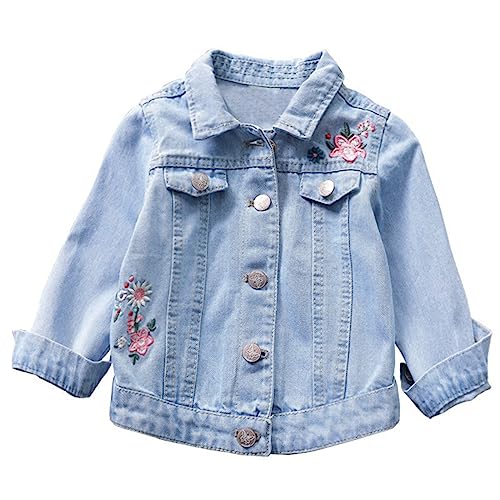Kleinkind Baby Outwear Langarm Blumendruck Jeansjacke Reißverschluss Kapuze Langarm Mäntel für Kinder Jeansjacke Mädchen Jeans Jacke Bestickten Blumen Denim Jacket Süß Kinderjacke (Blue, 6-7 Years) von Generic
