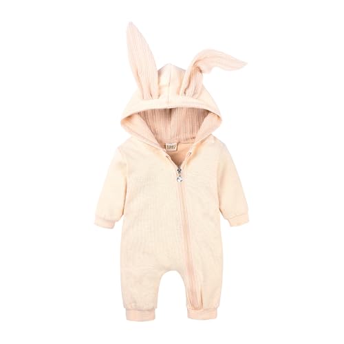 Kleinkind Baby Strampler Langarm Overall Body Bunny Pyjamas Mädchen Jungen Ostern Outfits Strampler mit Hasenmütze Hasenkostüm Baby Osterkostüm Reißverschluss Hoodie Overall (Beige, 0-3 Months) von Generic