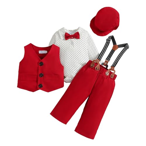 Kleinkind Kinder Jungen Gentleman's Kleid Kostüm 4PCS Hemden + Weste + Hosen + Hut Kind Baby Outfits 0 2 Jahre Baby-Jungen-Weihnachtsoutfit (Red, 18-24 Months) von Generic