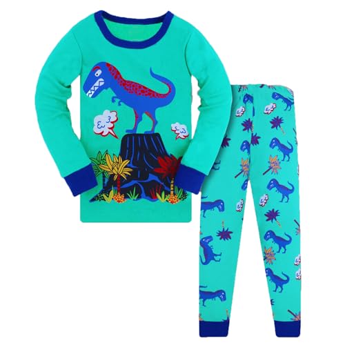 Kleinkind Kinder Jungen Pyjama Dinosaurier Baumwolle Kinder 2 Stück Pyjama Langarm Nachtwäsche Kleidung Set Outfits (1-f-Meeresblau, 4-5 Years) von Generic