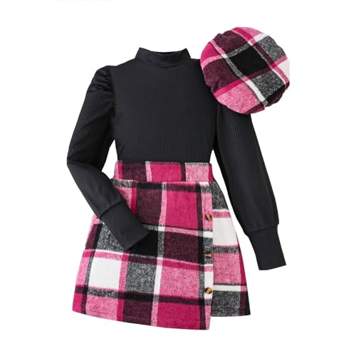 Kleinkind Kinder Kind Mädchen Langarm gerippt feste Oberteile Bluse karierter Rock mit Hut Outfit Set 3PCS Chinesische Neujahrskleidung für Mädchen (Hot Pink, 10-12 Years) von Generic