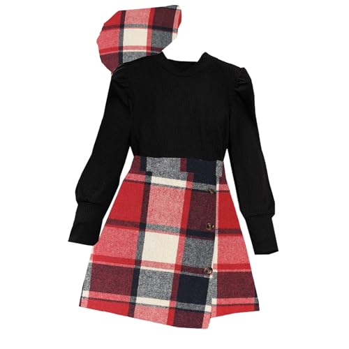 Kleinkind Kinder Kind Mädchen Langarm gerippt feste Oberteile Bluse karierter Rock mit Hut Outfit Set 3PCS Chinesische Neujahrskleidung für Mädchen (Red, 9 Years) von Generic