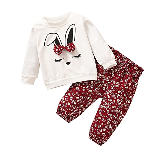 Kleinkind Kinder Kleinkind Neugeborenes Baby Mädchen Langarm Cartoon Bowknot Sweatshirt Tops Blumendruck Hosen Outfits Set 2 STÜCKE Ostern Outfit Baby Girl (Red, 6-9 Months) von Generic