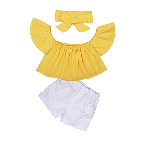 Kleinkind-Säuglings-Kind Gilrs Fashion Soild One-Shoulder-Top Jeans Shorts Haarband 3-teiliges Outfit-Set Kleidung Haarschmuck für Kinder (Yellow, 6 Years) von Generic