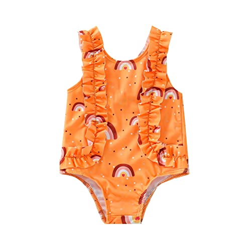 Kleinkind Schwimmen Sommer Bademode Rüschen Tragen Regenbogen Badeanzug Anzug Baden Ärmellos Einteiliger Strand Bedruckte Mädchen Baby Mädchen Bademode Badeanzug Prinzessin (Orange, 3-6 Months) von Generic