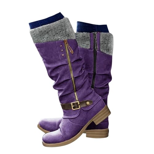 Kniehohe Stiefel für Damen 2025, Blockabsatz, runde Zehenpartie, bequeme Wanderstiefeletten, Outdoor-Schuhe, wadenlange flache Stiefel, Strickbündchen, seitliche Reißverschlussschnallen, Winterstiefel von Generic