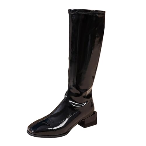 Kniehohe WesternstiefelDamen Stiefeletten Warme Lange Stiefel Boots Elegante Runde Zehe Plattformen High Heel Reißverschluss PU Lederstiefel Reitstiefel (Black-b, 41) von Generic