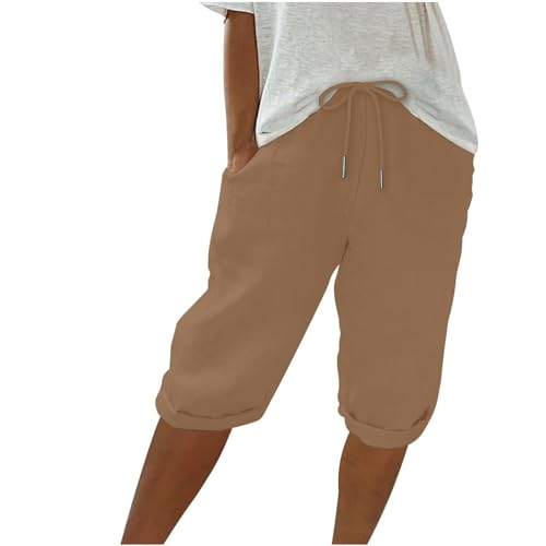 Knielange Hosen Damen,Baggy Jogginghose Damen,Sommer Einfarbig Knielang Kurze Hosen Leicht Und Luftig Leinenhose Locker Strandhose Mit Kordelzug Casual Pants Hohe Taille Bequeme Freizeithose,Gelb,XL von Generic