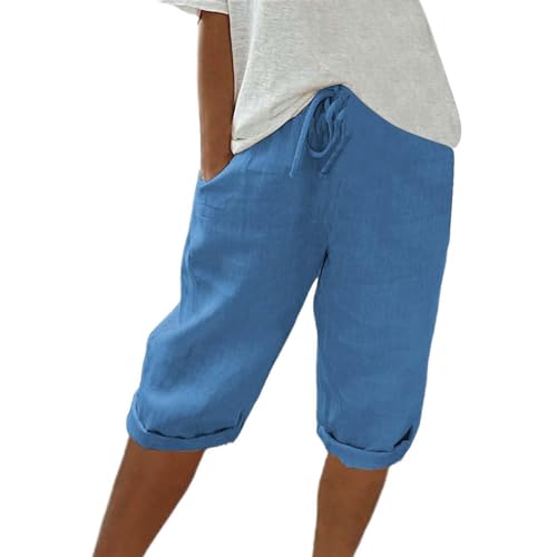 Knielange Hosen Damen,Baggy Jogginghose Damen,Sommer Einfarbig Knielang Kurze Hosen Leicht Und Luftig Leinenhose Locker Strandhose Mit Kordelzug Casual Pants Hohe Taille Bequeme Freizeithose,blau,XXL Knielange Hosen Damen,Baggy Jogginghose Damen,Sommer Einfarbig Knielang Kurze Hosen Leicht Und Luftig Leinenhose Locker Strandhose Mit Kordelzug Casual Pants Hohe Taille Bequeme Freizeithose,blau,XXL von Generic