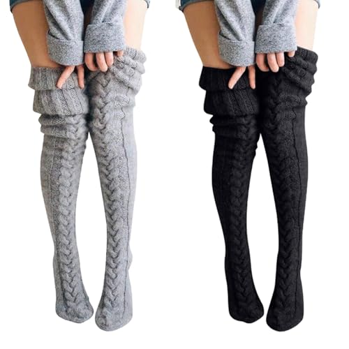 Kniestrümpfe Damen Overknee Strümpfe Gestrickte Warme Socken Winter Sexy Strick Strümpfe Lange Stiefelstrümpfe Legwarmers für Damen Mädchen (Black+Grey-A, One Size) von Generic