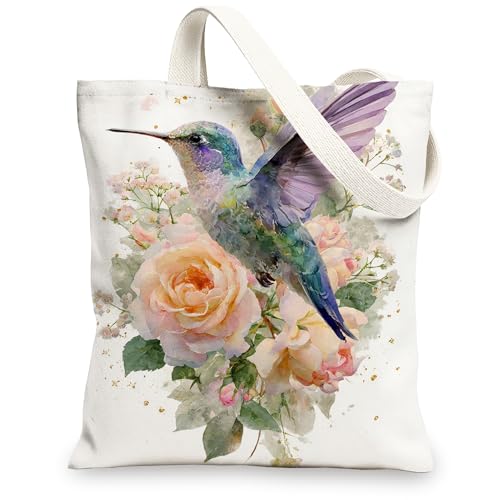 Kolibri-Tragetaschen aus Segeltuch, Blumendesign, wiederverwendbar, Vintage-Stil, leicht, waschbar, Schultergurt, für Reisen, Strand, Picknick, 33 x 38 cm von Generic