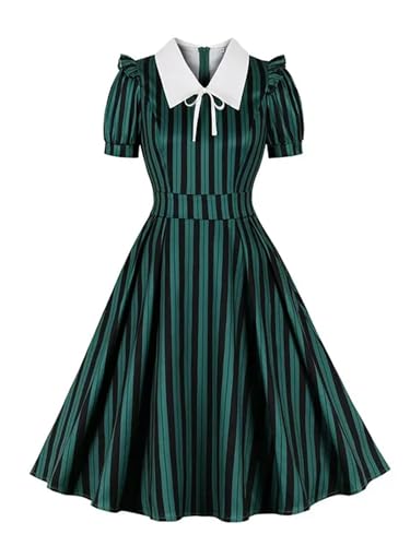 Kontrastkragen, Schleife vorne, 40er-Jahre-50er-Jahre-Vintage-Kleid für Damen, grün und schwarz, hohe Taille, gestreift, Kleidung, Büro, Damen, Plissee-Kleider, grün gestreift, XL von Generic