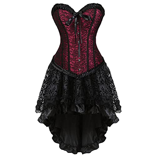 Korsett Kleid Damen Halloween Rock Set Steampunk Corsage mit Strapsen Spitze Corset Dress Bustier Corsagenkleid Karneval Kostüm Piraten von Generic
