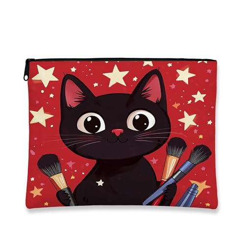 Kosmetiktasche für Katzen, bezauberndes Sternenrot, Segeltuch, Reißverschluss, Reise-Make-up-Organizer für Hautpflege, Winterurlaubsgeschenk, Rot, 7x9 Inch, Katze von Generic