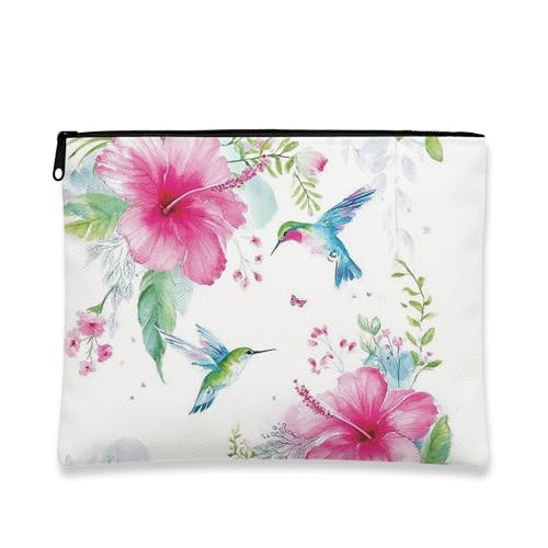 Kosmetiktasche mit Blumenmuster, Aquarell-Kulturbeutel mit Kolibri- und Hibiskusdruck, tragbare kleine Reißverschluss-Organizer, stilvolle Hautpflege, Kulturbeutel für Sommer und Festivals, Weiss von Generic
