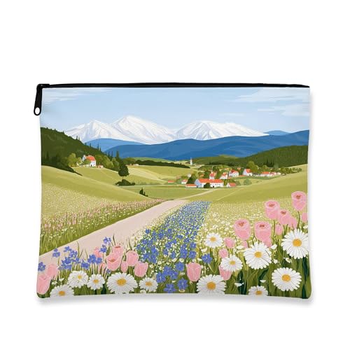 Kosmetiktasche mit Blumenmuster, Frühlingswiesendorf, Reißverschlusstasche für Damen, tragbar, klein, Leinen, Reise-Make-up-Organizer, Éclat Geschenk-Kulturbeutel für Festivals, Pfirsich, 7x9 Inch Kosmetiktasche mit Blumenmuster, Frühlingswiesendorf, Reißverschlusstasche für Damen, tragbar, klein, Leinen, Reise-Make-up-Organizer, Éclat Geschenk-Kulturbeutel für Festivals, Pfirsich, 7x9 Inch von Generic