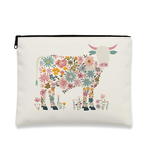 Kosmetiktasche mit Blumenmuster, Kuhmuster, Vintage-Reisetasche für Damen, tragbar, klein, Segeltuch, Reißverschluss, Geschenk, für Festivals und Hautpflege, Cremefarben, 7x9 Inch, Kuh von Generic