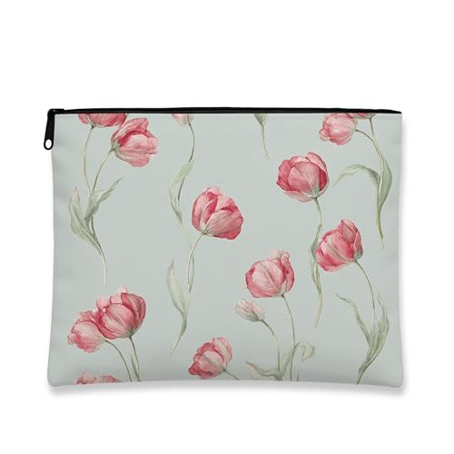 Kosmetiktasche mit Blumenmuster im Vintage-Look, Reise-Make-up-Tasche mit Pfirsich-Tulpenmuster für Damen, tragbarer Organizer aus Segeltuch mit Reißverschluss, perfektes Geschenk für Festivals von Generic