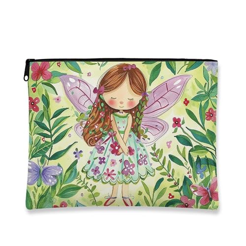 Kosmetiktasche mit Feen-Motiv, niedliches Feen-Blumenmuster, tragbare kleine Canvas-Reißverschluss-Organizer, Frühlingsgeschenk, Hautpflege-Kulturbeutel, Grün , 7x9 Inch, Fee von Generic