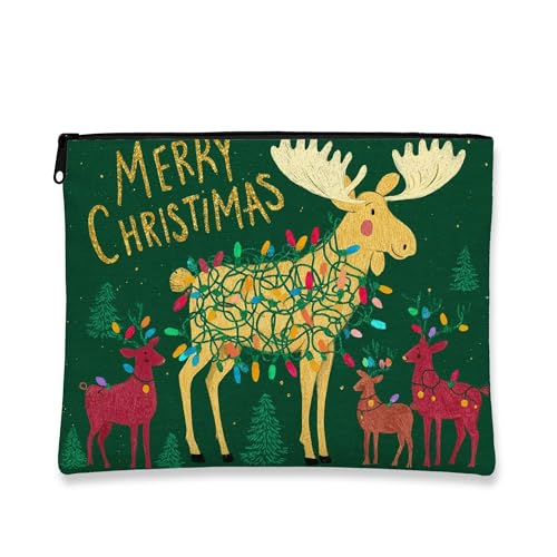 Kosmetiktasche mit Weihnachtsmotiv "Merry Reindeer Holiday Cosmetic Travel Pouch for Women", tragbarer kleiner Canvas-Reißverschluss-Organizer, Winter-Hautpflege-Kulturbeutel, Grün , 7x9 Inch, Beutel von Generic