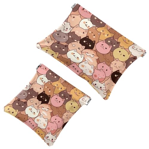 Kosmetiktasche mit niedlichem Cartoon-Kätzchen-Motiv, für Geldbörsen, wasserdichte Make-up-Tasche, Kosmetiktasche, tragbar, kein Reißverschluss, 2 Stück, Mehrfarbig 09, A：7.1x5.8in/18x14.8cm，B von Generic