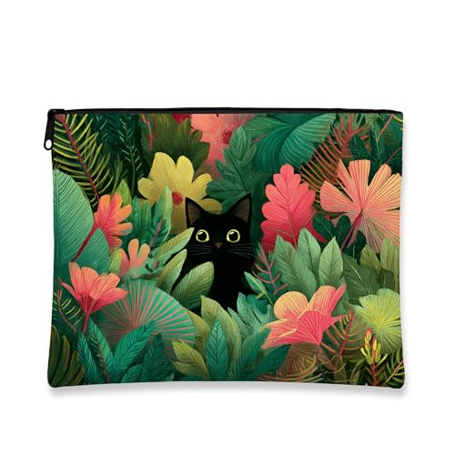 Kosmetiktasche mit tropischen Blättern, Katzen-Dschungel, Reise-Make-up-Tasche für Damen, tragbarer Organizer für Hautpflege, Toilettenartikel, Frühlingsgeschenk für Abenteuer, Schwarz, 7x9 Inch von Generic