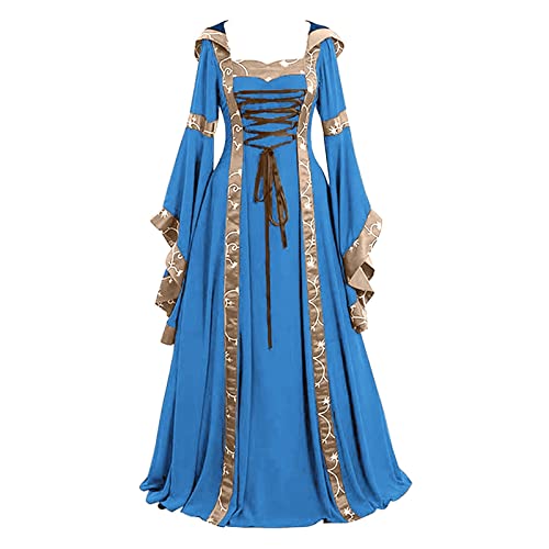 Kostüm Damen Mittelalter Kleid Königin - Vintage Rokoko Kleid Lang Mit Reifrock Mottoparty Kleider Bindegürtel Trompetenärmel Langkleider Renaissance Gotisch Maxikleid Halloween Prinzessin Kostüm von Generic