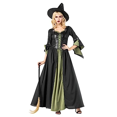 Kostueme Halloween Damen Waldhexe Kostüm Lange Kleider Frauen Hexenkostüm Kleidung Midi Kleid Festlich Cosplay Dress Hexenkleid Vintage Erwachsene Kostüm mit Hut von Generic