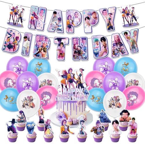𝙆𝙥𝙤𝙥 𝘿𝙚𝙢𝙤𝙣 𝙃𝙪𝙣𝙩𝙚𝙧𝙨 Geburtstags Deko Huntrix Rumi Mira Zoey Jinu Saja Kuchen Topper Cupcake Toppers Banner Party Dekorationen Festliche Atmosphäre Zubehör für Kinder Fan von Generic