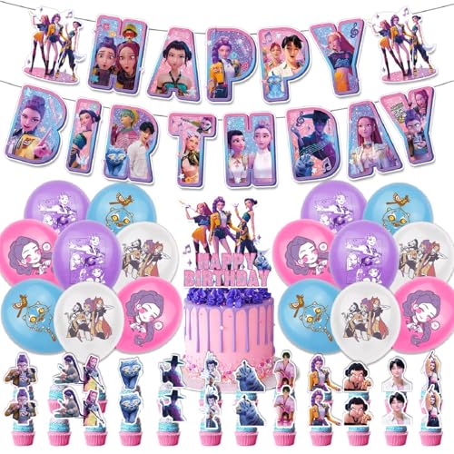 𝙆𝙥𝙤𝙥 𝘿𝙚𝙢𝙤𝙣 𝙃𝙪𝙣𝙩𝙚𝙧𝙨 Geburtstags Deko Huntrix Rumi Mira Zoey Jinu Saja Kuchen Topper Cupcake Toppers Banner Party Dekorationen Festliche Atmosphäre Zubehör für Kinder Fan von Generic