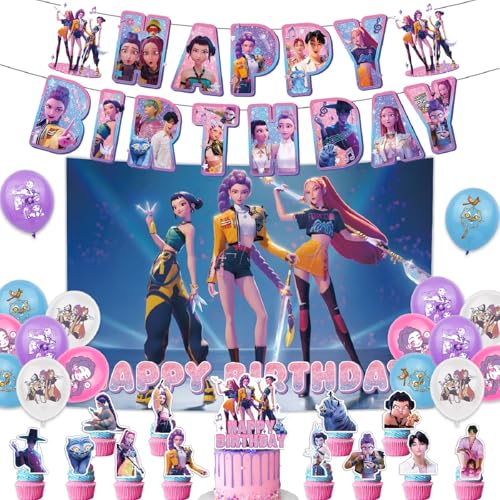 𝙆𝙥𝙤𝙥 𝘿𝙚𝙢𝙤𝙣 𝙃𝙪𝙣𝙩𝙚𝙧𝙨 Geburtstags Deko Huntrix Rumi Mira Zoey Jinu Saja Kuchen Topper Cupcake Toppers Banner Party Dekorationen Festliche Atmosphäre Zubehör für Kinder Fan von Generic